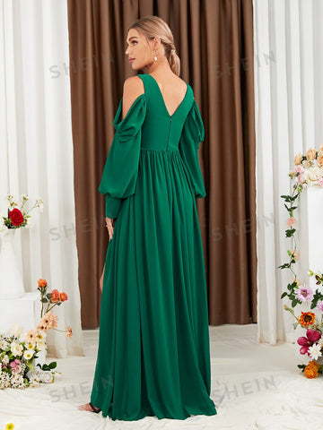 Cold Shoulder Plicated Split Thigh Chiffon Bridesmaid Dress