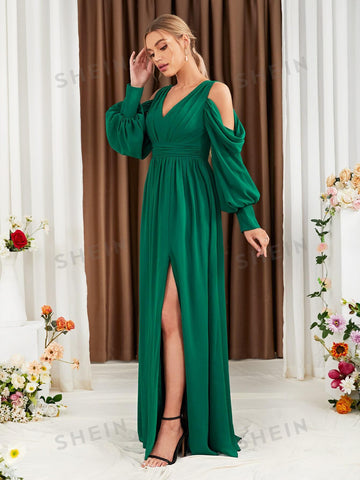 Cold Shoulder Plicated Split Thigh Chiffon Bridesmaid Dress