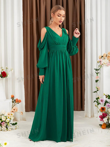 Cold Shoulder Plicated Split Thigh Chiffon Bridesmaid Dress