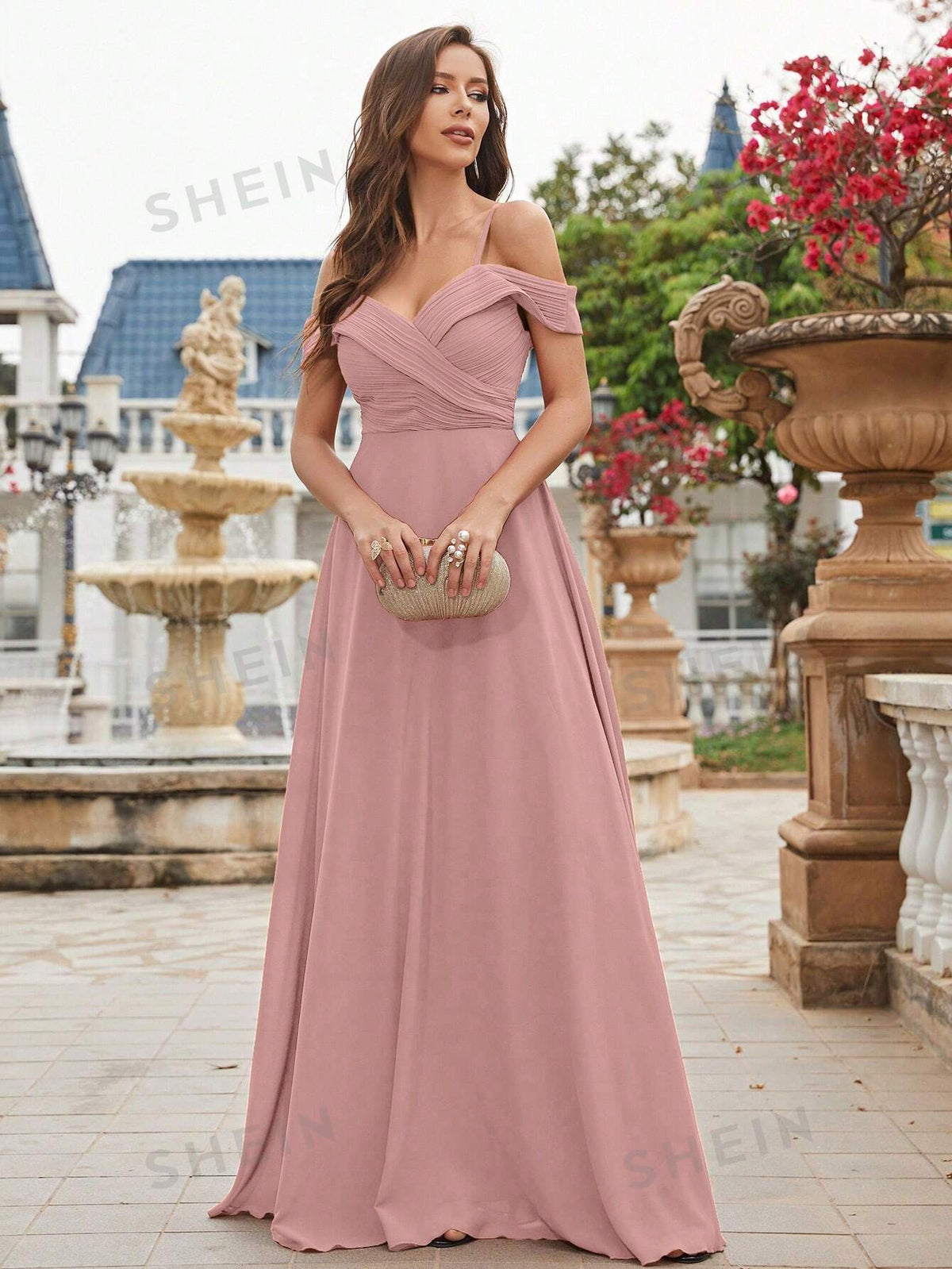 Cold Shoulder Ruched Bodice Chiffon Bridesmaid Dress