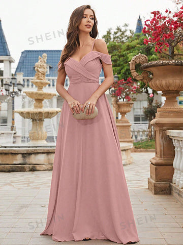 Cold Shoulder Ruched Bodice Chiffon Bridesmaid Dress