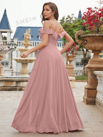 Cold Shoulder Ruched Bodice Chiffon Bridesmaid Dress