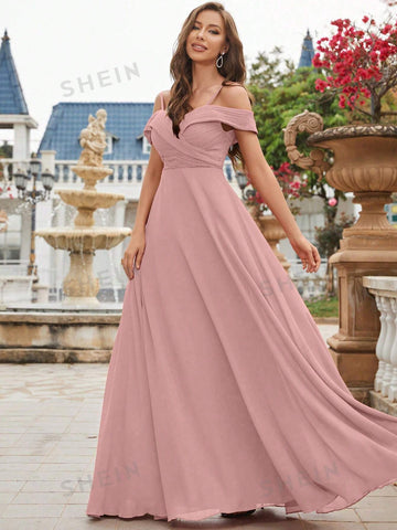 Cold Shoulder Ruched Bodice Chiffon Bridesmaid Dress