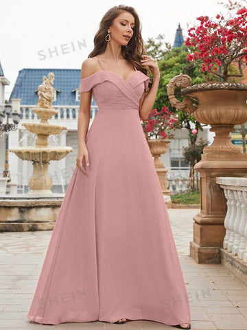 Cold Shoulder Ruched Bodice Chiffon Bridesmaid Dress