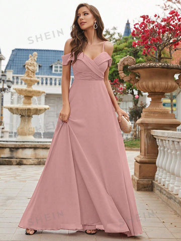Cold Shoulder Ruched Bodice Chiffon Bridesmaid Dress