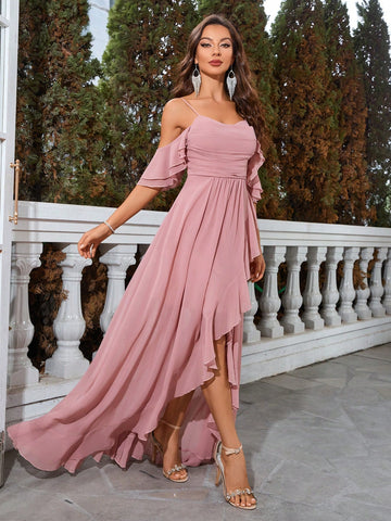 Cold Shoulder Ruched Bustier Ruffle Trim Ruffle Hem Chiffon Bridesmaid Dress