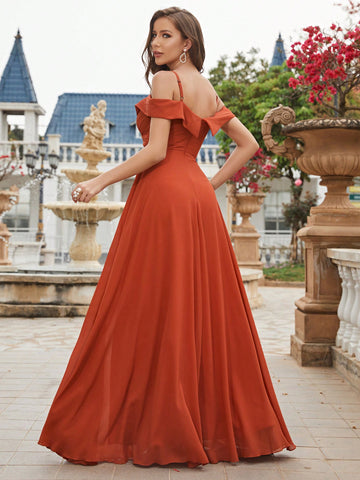 Cold Shoulder Ruched Floor Length Chiffon Bridesmaid Dress