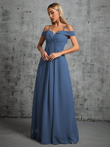 Cold Shoulder Ruched Maxi Bridesmaid Dress