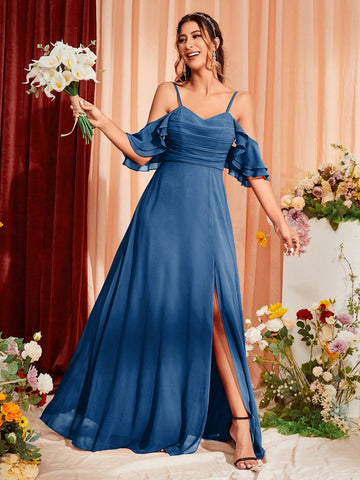 Cold Shoulder Ruched Split Thigh Chiffon Bridesmaid Dress