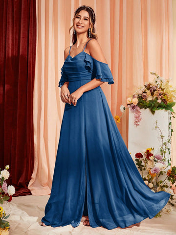 Cold Shoulder Ruched Split Thigh Chiffon Bridesmaid Dress