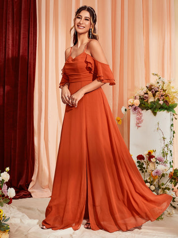 Cold Shoulder Ruched Split Thigh Chiffon Bridesmaid Dress
