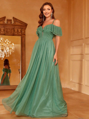 Cold Shoulder Ruffle Trim Mesh Overlay Maxi Bridesmaid Dress