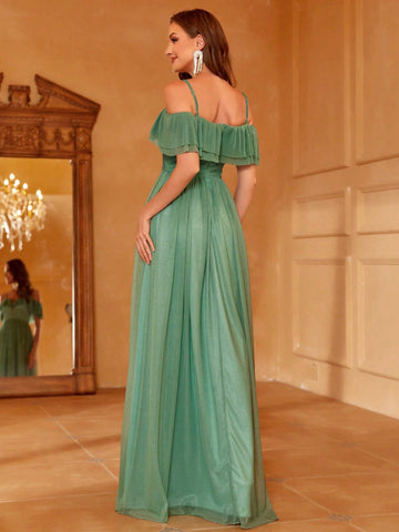 Cold Shoulder Ruffle Trim Mesh Overlay Maxi Bridesmaid Dress