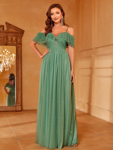 Cold Shoulder Ruffle Trim Mesh Overlay Maxi Bridesmaid Dress