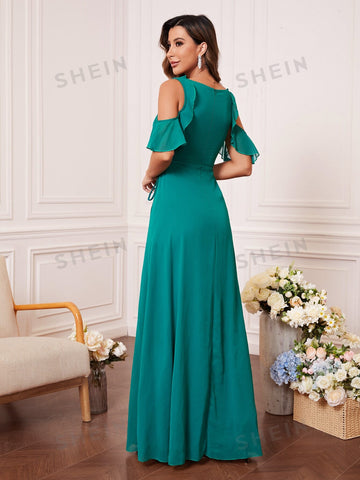 Cold Shoulder Ruffle Trim Split Thigh Belted Chiffon Bridesmaid Dress
