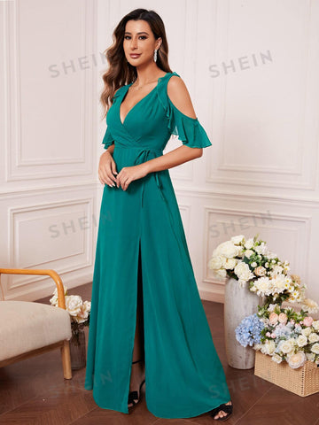 Cold Shoulder Ruffle Trim Split Thigh Belted Chiffon Bridesmaid Dress