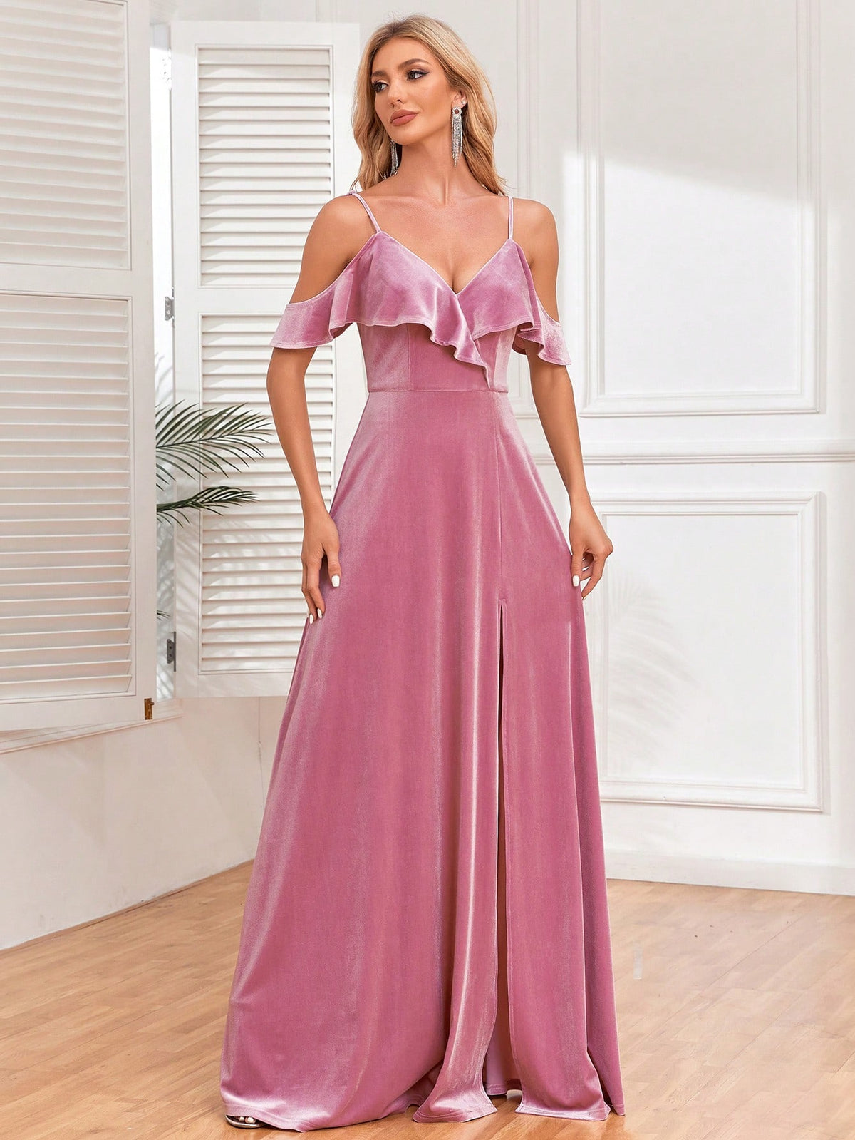 Cold Shoulder Ruffle Trim Split Thigh Bridesmaid Dress