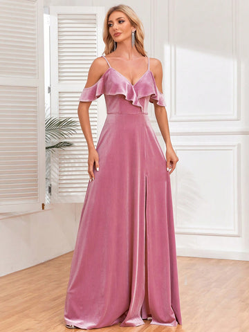 Cold Shoulder Ruffle Trim Split Thigh Bridesmaid Dress
