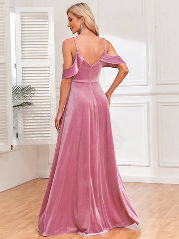Cold Shoulder Ruffle Trim Split Thigh Bridesmaid Dress