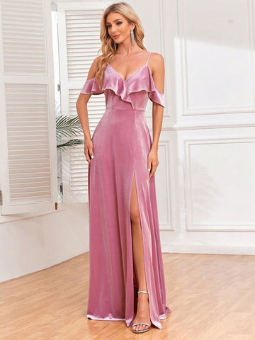 Cold Shoulder Ruffle Trim Split Thigh Bridesmaid Dress