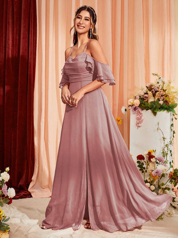 Cold Shoulder Ruffle Trim Split Thigh Chiffon Bridesmaid Dress