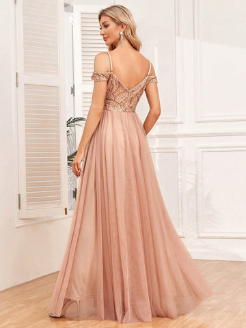 Cold Shoulder Sequin Bodice Mesh Overlay Dress