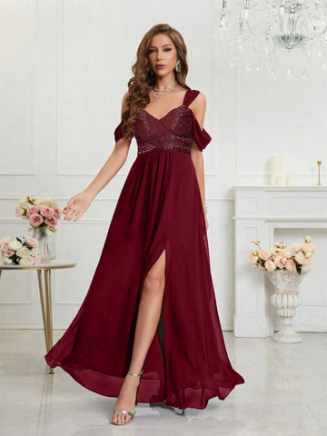 Cold Shoulder Split Thigh Chiffon Bridesmaid Dress