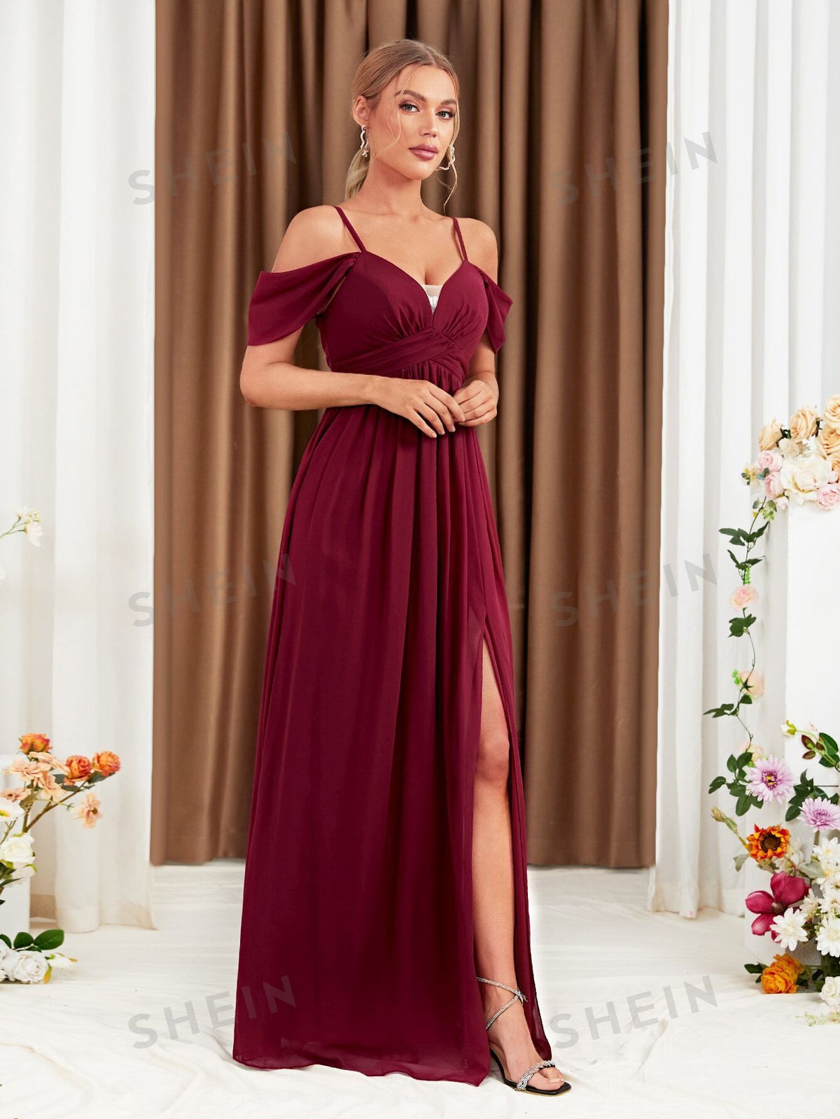 Cold Shoulder Split Thigh Chiffon Bridesmaid Dress