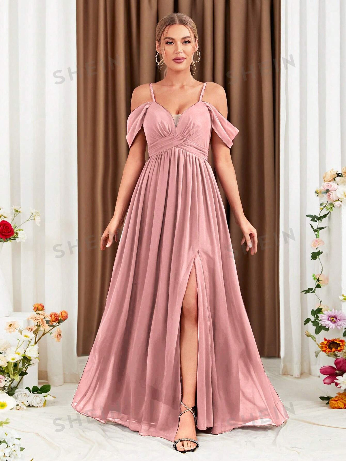 Cold Shoulder Split Thigh Chiffon Bridesmaid Dress