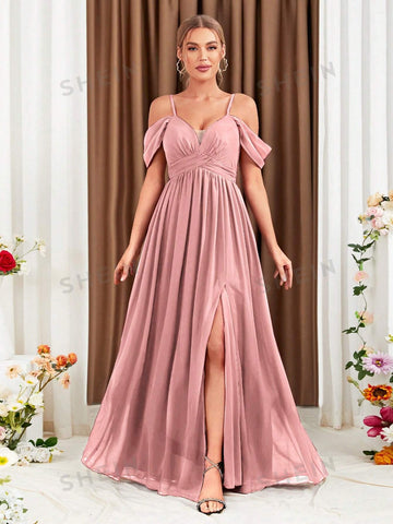 Cold Shoulder Split Thigh Chiffon Bridesmaid Dress