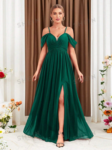 Cold Shoulder Split Thigh Chiffon Bridesmaid Dress