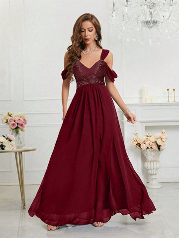 Cold Shoulder Split Thigh Chiffon Bridesmaid Dress