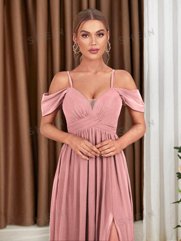 Cold Shoulder Split Thigh Chiffon Bridesmaid Dress