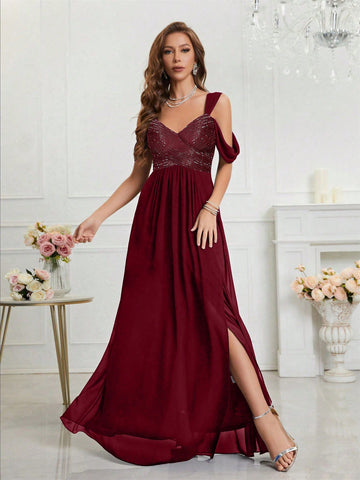 Cold Shoulder Split Thigh Chiffon Bridesmaid Dress