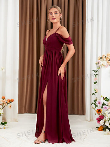 Cold Shoulder Split Thigh Chiffon Bridesmaid Dress