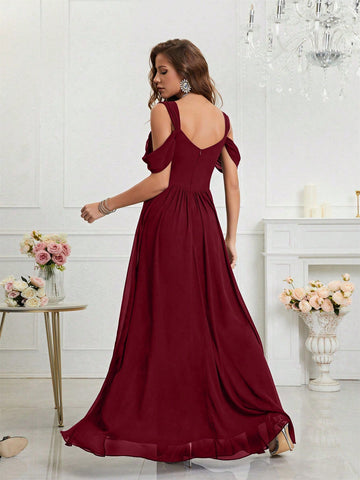 Cold Shoulder Split Thigh Chiffon Bridesmaid Dress