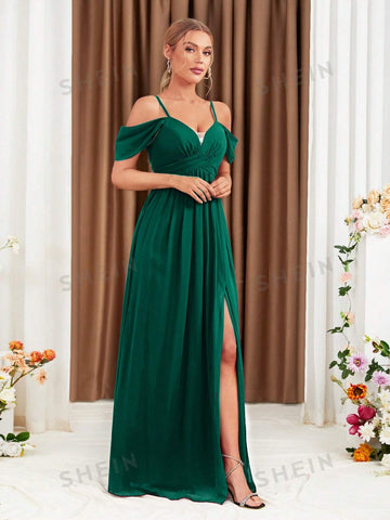 Cold Shoulder Split Thigh Chiffon Bridesmaid Dress
