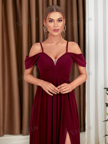 Cold Shoulder Split Thigh Chiffon Bridesmaid Dress