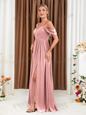 Cold Shoulder Split Thigh Chiffon Bridesmaid Dress