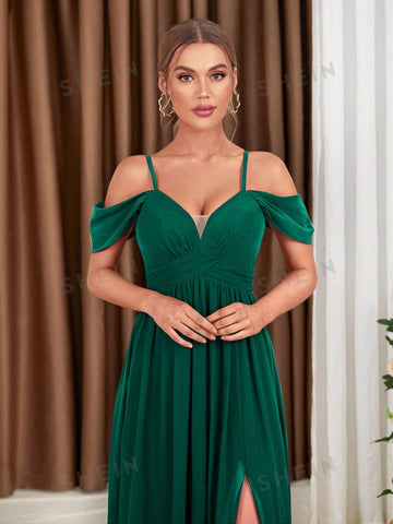 Cold Shoulder Split Thigh Chiffon Bridesmaid Dress