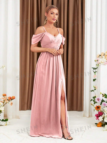 Cold Shoulder Split Thigh Chiffon Bridesmaid Dress