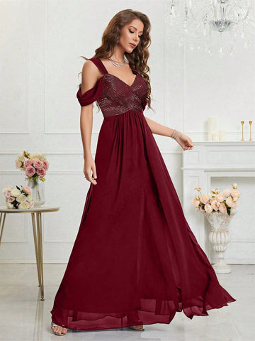 Cold Shoulder Split Thigh Chiffon Bridesmaid Dress