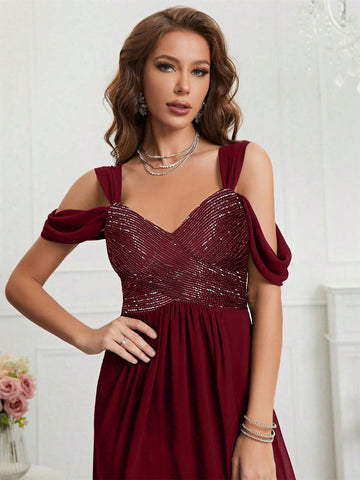 Cold Shoulder Split Thigh Chiffon Bridesmaid Dress