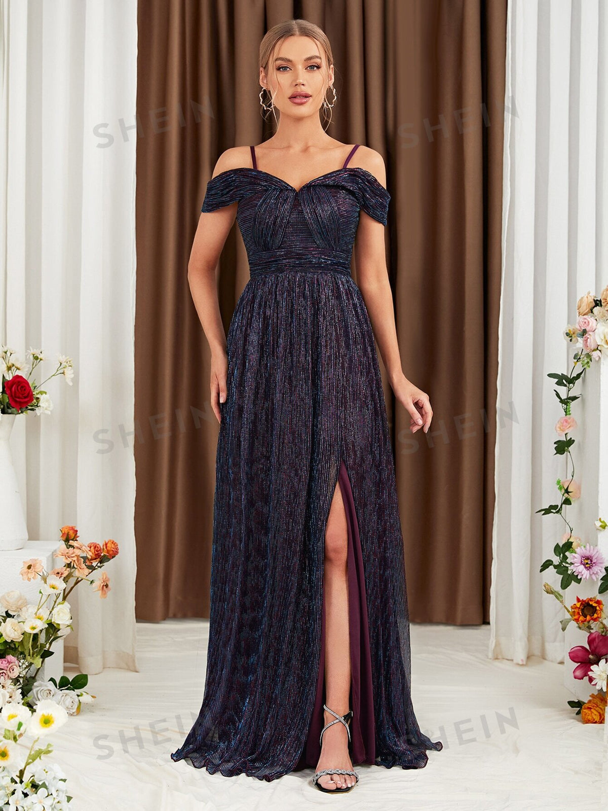 Cold Shoulder Split Thigh Glitter Bridesmaid Dress