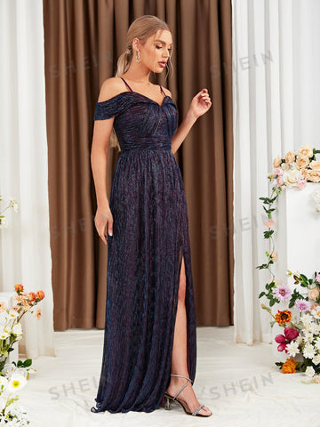 Cold Shoulder Split Thigh Glitter Bridesmaid Dress