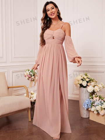 Cold Shoulder Twist Front Split Thigh Lantern Sleeve Chiffon Bridesmaid Dress