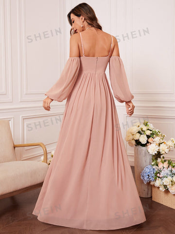 Cold Shoulder Twist Front Split Thigh Lantern Sleeve Chiffon Bridesmaid Dress