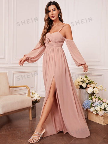 Cold Shoulder Twist Front Split Thigh Lantern Sleeve Chiffon Bridesmaid Dress