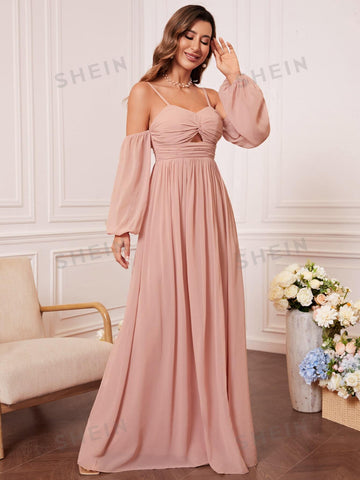Cold Shoulder Twist Front Split Thigh Lantern Sleeve Chiffon Bridesmaid Dress