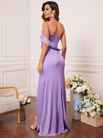 Cold Shoulder Wrap Hem Satin Bridesmaid Dress
